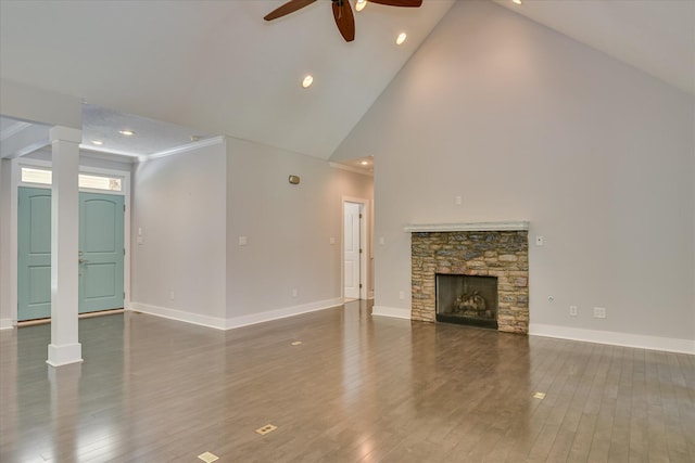 525 Brigham Trl, Augusta, GA 30909 - unfurnished living room featuring ceiling fan, high vaulted ceiling, wood finished floors, recessed lighting, and a fireplace