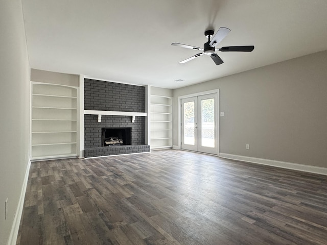 3112 Fieldstone Cir, Augusta, GA 30907 - unfurnished living room featuring ceiling fan, dark wood-style floors, baseboards, built in features, and french doors
