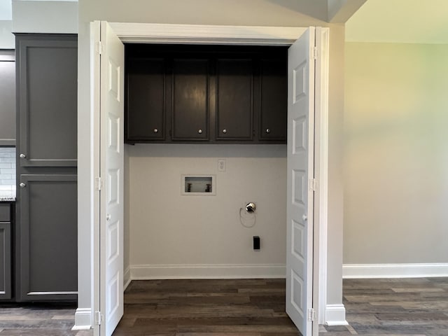 3112 Fieldstone Cir, Augusta, GA 30907 - laundry area featuring cabinet space, hookup for a washing machine, dark wood-style flooring, baseboards, and electric dryer hookup