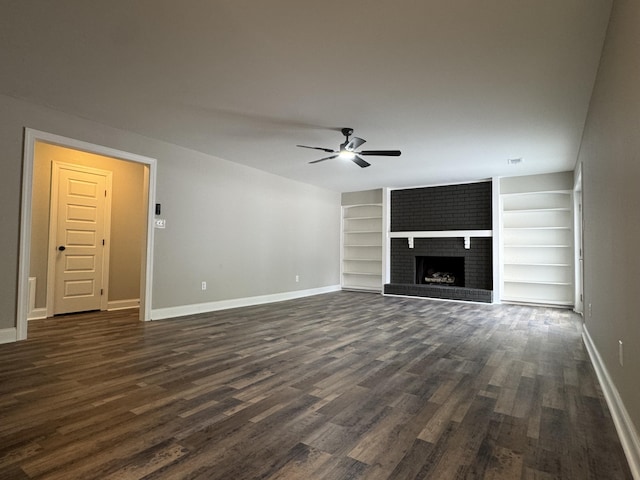 3112 Fieldstone Cir, Augusta, GA 30907 - unfurnished living room featuring ceiling fan, baseboards, dark wood-type flooring, and built in features