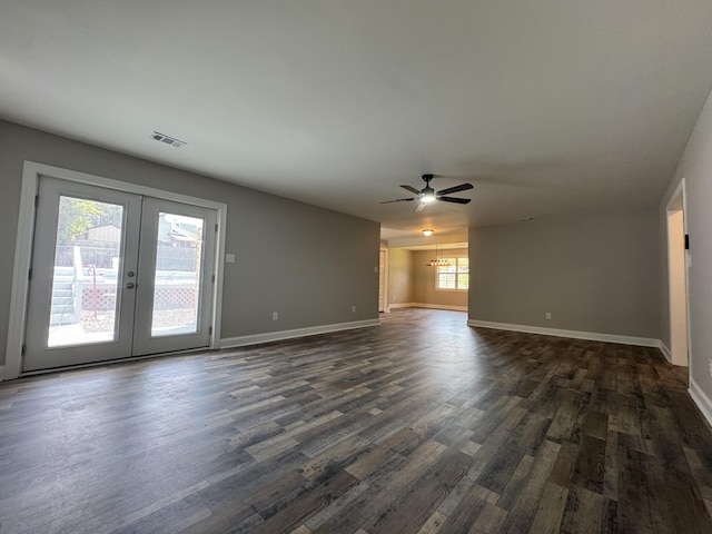 3112 Fieldstone Cir, Augusta, GA 30907 - unfurnished living room with ceiling fan, french doors, dark wood-type flooring, and baseboards