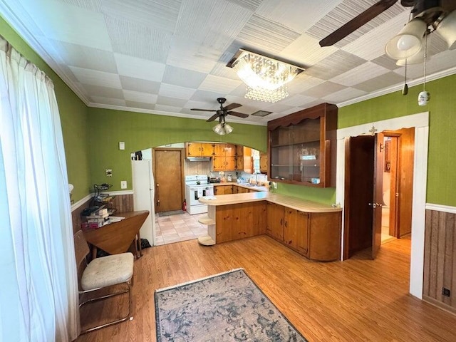 289 Cathy Dr, Warrenville, SC 29851 - kitchen featuring ceiling fan, white appliances, a peninsula, brown cabinetry, and light countertops