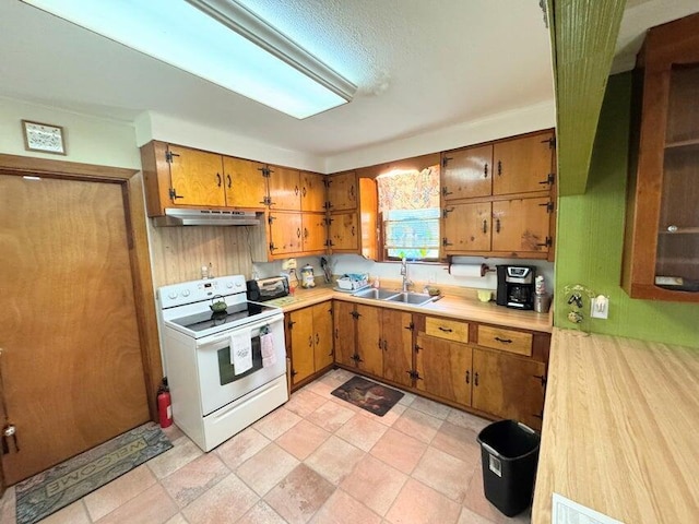 289 Cathy Dr, Warrenville, SC 29851 - kitchen with white electric stove, under cabinet range hood, brown cabinets, and light countertops