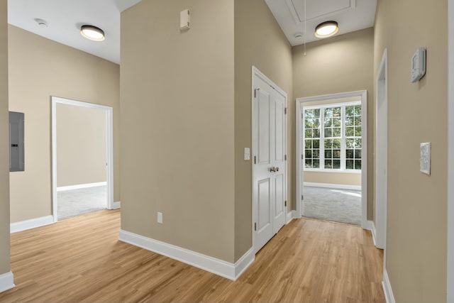 hall featuring electric panel and light hardwood / wood-style floors