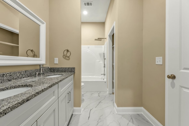 full bathroom featuring vanity, toilet, and bathing tub / shower combination