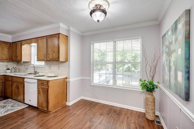 123 Sugar Maple Ln, Martinez, GA 30907 - kitchen featuring white dishwasher, brown cabinets, wood finished floors, healthy amount of natural light, and a textured ceiling