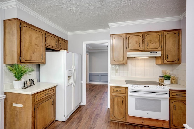 123 Sugar Maple Ln, Martinez, GA 30907 - kitchen with white appliances, under cabinet range hood, dark wood-style flooring, brown cabinets, and a textured ceiling