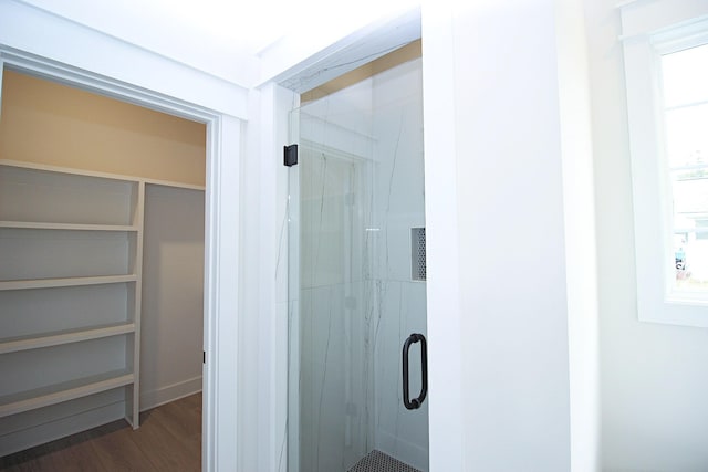 bathroom featuring walk in shower and wood-type flooring