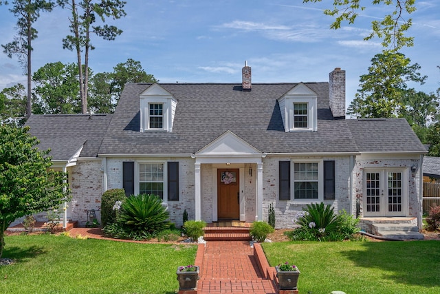 3011 Fox Spring Rd, Augusta, GA 30909 - cape cod-style house featuring a front lawn, brick siding, a chimney, french doors, and roof with shingles