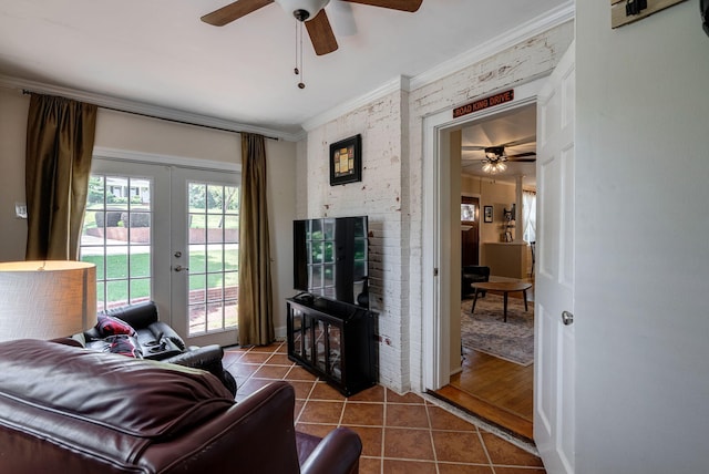 3011 Fox Spring Rd, Augusta, GA 30909 - living area featuring crown molding, dark tile patterned floors, ceiling fan, and french doors