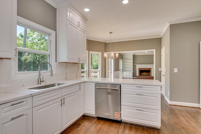 4 Shadowmoor Ct, North Augusta, SC 29841 - kitchen featuring stainless steel dishwasher, wood finished floors, healthy amount of natural light, recessed lighting, and crown molding