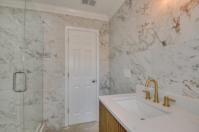4 Shadowmoor Ct, North Augusta, SC 29841 - bathroom featuring tile walls, crown molding, a stall shower, and vanity