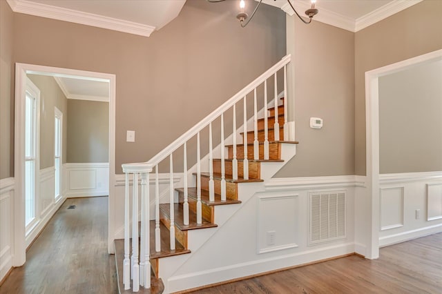 4 Shadowmoor Ct, North Augusta, SC 29841 - stairs with a decorative wall, wood finished floors, ornamental molding, and a wainscoted wall