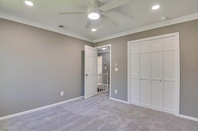 4 Shadowmoor Ct, North Augusta, SC 29841 - unfurnished bedroom featuring carpet flooring, ornamental molding, a closet, recessed lighting, and a ceiling fan