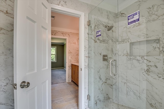 4 Shadowmoor Ct, North Augusta, SC 29841 - bathroom with ornamental molding, a marble finish shower, and vanity