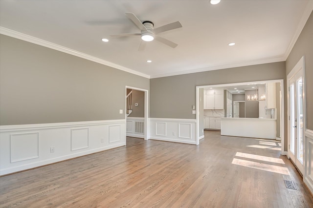 4 Shadowmoor Ct, North Augusta, SC 29841 - unfurnished room featuring ceiling fan, light wood-type flooring, crown molding, recessed lighting, and a wainscoted wall