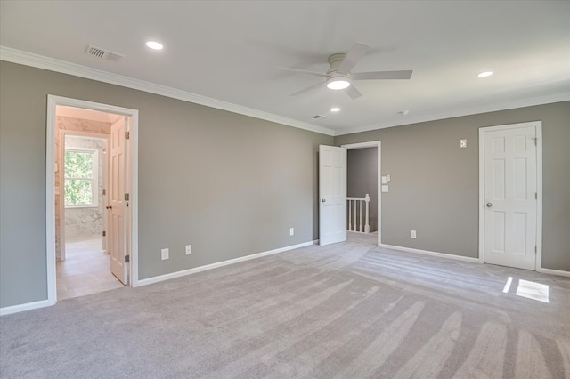 4 Shadowmoor Ct, North Augusta, SC 29841 - unfurnished bedroom with ornamental molding, light carpet, recessed lighting, ensuite bath, and a ceiling fan