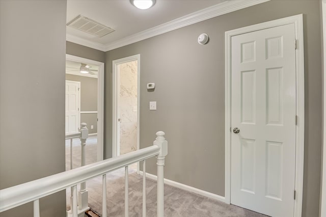 4 Shadowmoor Ct, North Augusta, SC 29841 - corridor with an upstairs landing, light carpet, and ornamental molding