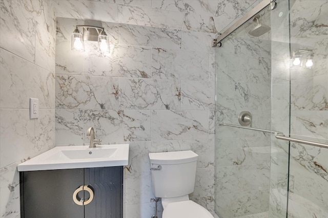 4 Shadowmoor Ct, North Augusta, SC 29841 - bathroom featuring a stall shower, vanity, and tile walls