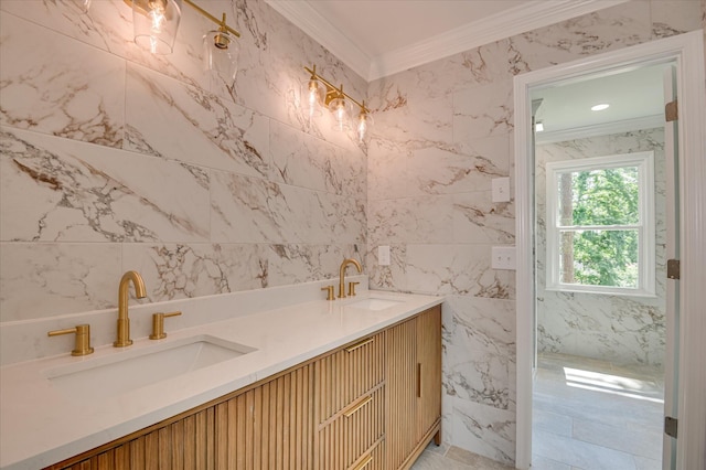 4 Shadowmoor Ct, North Augusta, SC 29841 - bathroom featuring crown molding, tile walls, and double vanity