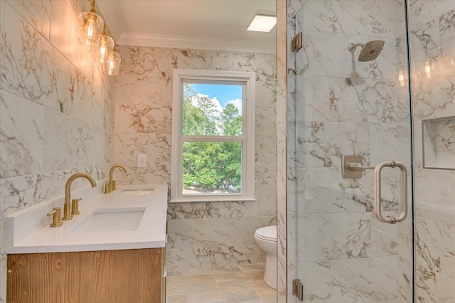 4 Shadowmoor Ct, North Augusta, SC 29841 - full bathroom with crown molding, a marble finish shower, double vanity, and tile walls
