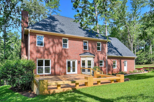 4 Shadowmoor Ct, North Augusta, SC 29841 - back of house with a chimney, french doors, a deck, a yard, and roof with shingles