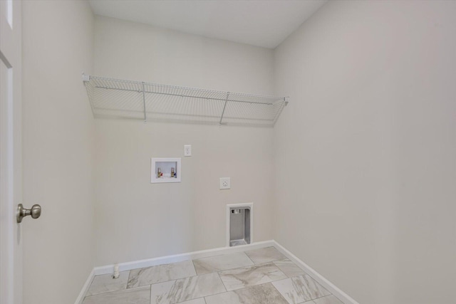 laundry room with laundry area, baseboards, hookup for a washing machine, marble finish floor, and electric dryer hookup