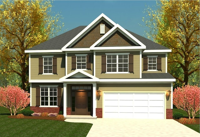 view of front facade with a garage, a front lawn, concrete driveway, and brick siding