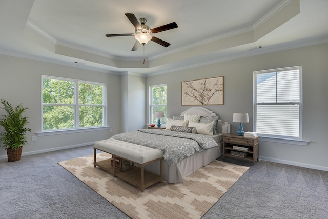 bedroom featuring light carpet, baseboards, visible vents, and a raised ceiling