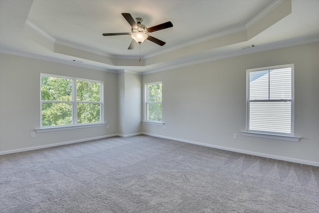 carpeted empty room featuring a raised ceiling, ceiling fan, and ornamental molding