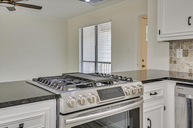 715 Gentlewind Ln, Martinez, GA 30907 - kitchen featuring stainless steel appliances, ornamental molding, tasteful backsplash, ceiling fan, and white cabinetry