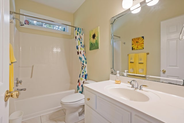 full bathroom featuring vanity, tile patterned flooring, shower / bathtub combination with curtain, and toilet