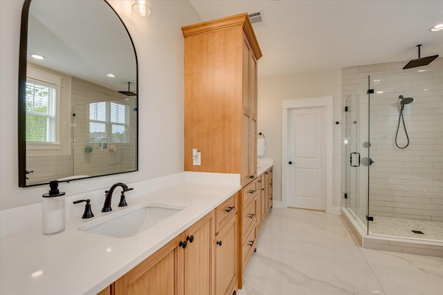 full bath featuring vanity, marble finish floor, recessed lighting, a shower stall, and visible vents