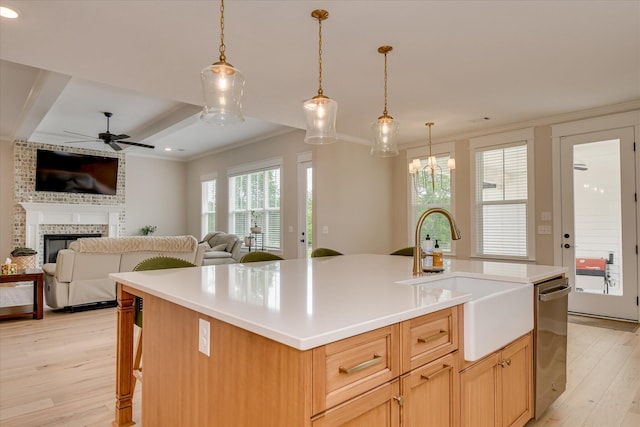 kitchen featuring crown molding, a sink, light wood-style floors, dishwasher, and open floor plan