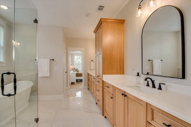 bathroom with visible vents, vanity, marble finish floor, connected bathroom, and a soaking tub