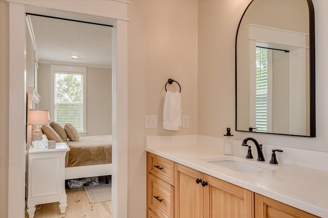 bathroom with ensuite bathroom, wood finished floors, and vanity