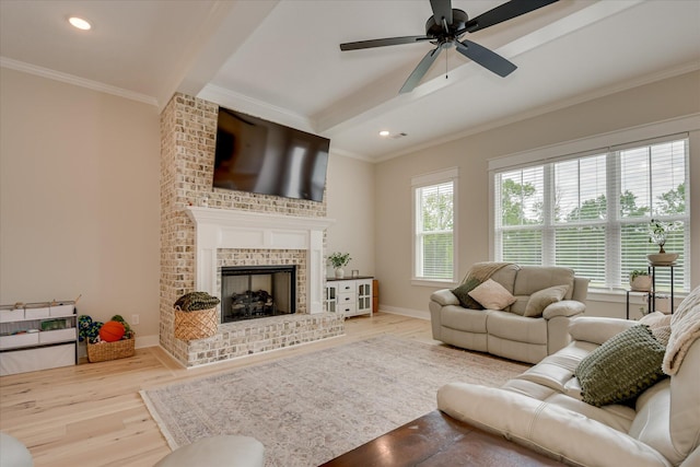 living area featuring crown molding, ceiling fan, wood finished floors, and a fireplace