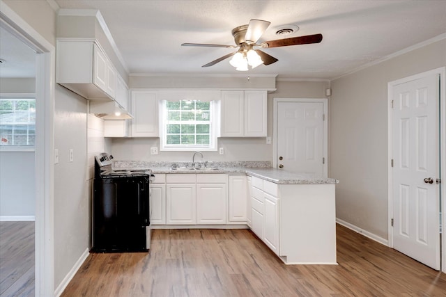 3204 Hillis Rd, Augusta, GA 30906 - kitchen featuring range, ceiling fan, white cabinetry, light wood-style flooring, and a peninsula