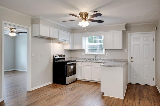 3204 Hillis Rd, Augusta, GA 30906 - kitchen with electric range, a ceiling fan, under cabinet range hood, white cabinets, and crown molding