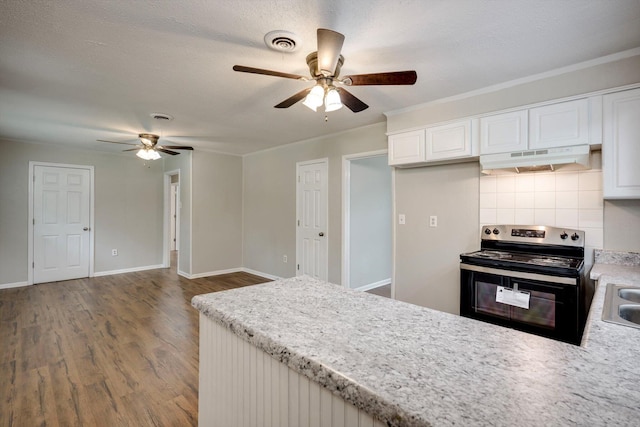 3204 Hillis Rd, Augusta, GA 30906 - kitchen featuring stainless steel range with electric cooktop, under cabinet range hood, ceiling fan, wood finished floors, and light countertops