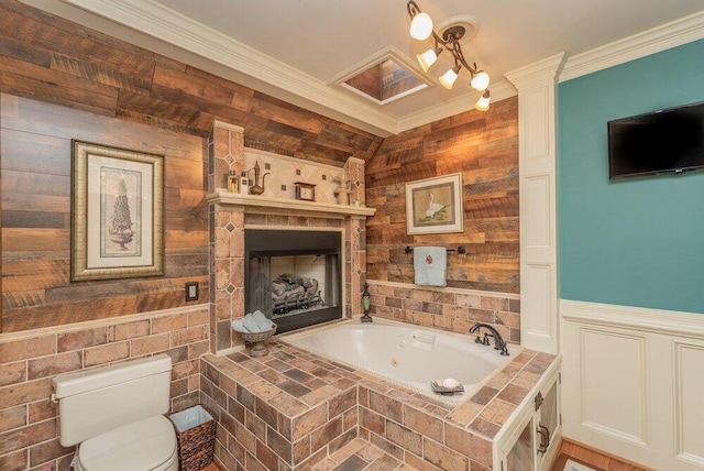 3287 Surrey Rd, Thomson, GA 30824 - bathroom with crown molding, a fireplace, toilet, and a tub with jets
