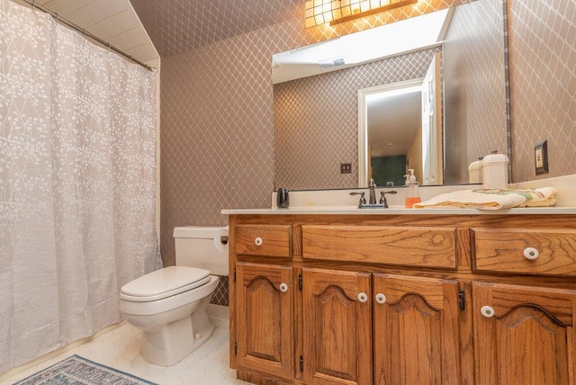 3287 Surrey Rd, Thomson, GA 30824 - full bathroom with tile patterned flooring, vanity, visible vents, toilet, and wallpapered walls