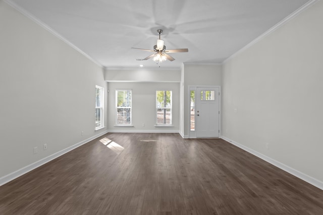 interior space with ornamental molding, dark hardwood / wood-style floors, and ceiling fan