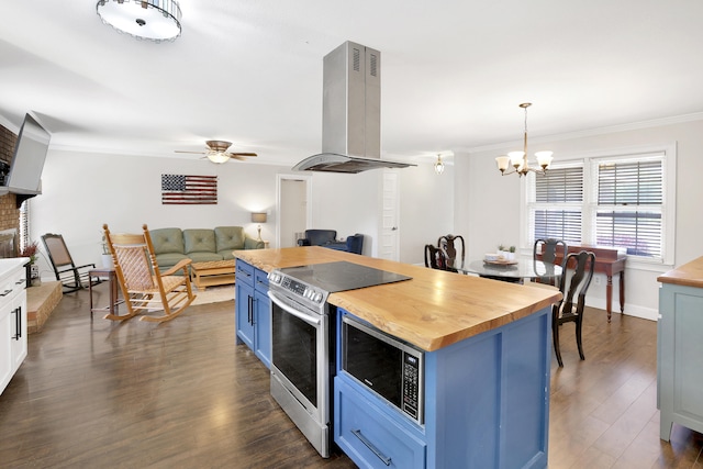 2530 Springwood Dr, Augusta, GA 30904 - kitchen featuring butcher block counters, island exhaust hood, appliances with stainless steel finishes, and blue cabinets