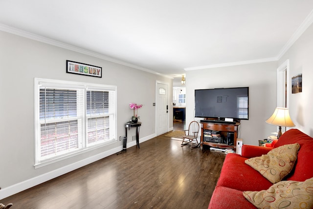 2530 Springwood Dr, Augusta, GA 30904 - living area featuring dark wood-type flooring, baseboards, and ornamental molding