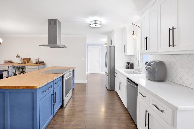 2530 Springwood Dr, Augusta, GA 30904 - kitchen with blue cabinets, a sink, decorative backsplash, wall chimney range hood, and appliances with stainless steel finishes