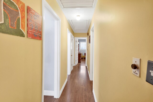 2530 Springwood Dr, Augusta, GA 30904 - hallway featuring attic access, baseboards, and wood finished floors