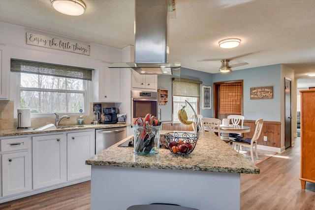 kitchen featuring light wood-style flooring, island exhaust hood, a sink, stainless steel appliances, and white cabinetry