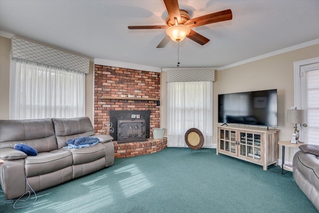 carpeted living area with crown molding, a ceiling fan, and a wealth of natural light