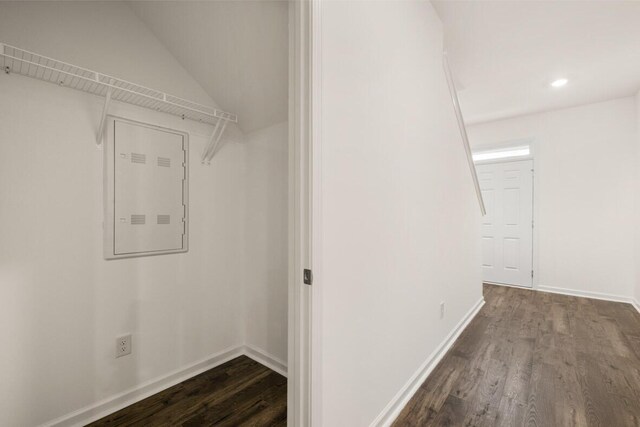 laundry area featuring electric panel and hardwood / wood-style flooring